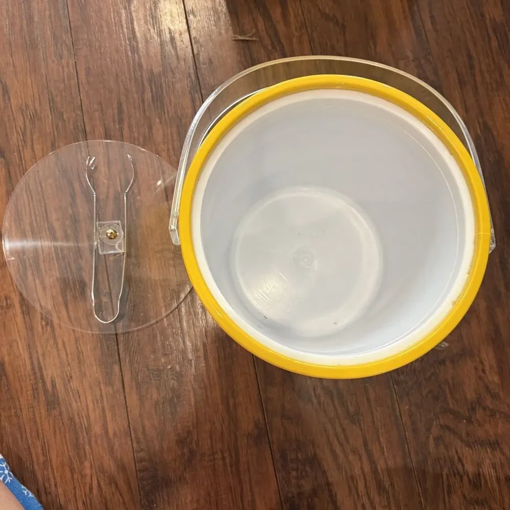 Vintage Lemon Yellow Ice Bucket Clear Lid Vinyl Acrylic Bar Ware with Handle, C1
